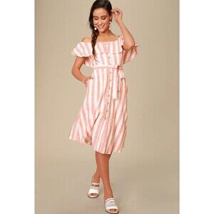 Lulu's Linen Midi Orange White Striped Dress Size Small Striped Off-the-Shoulder